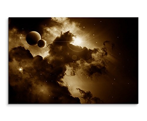 Augenblicke Wandbilder 120x80cm XXL riesige Bilder fertig gerahmt mit Keilrahmenin Sepia Fantasy Weltall Planeten im Nebel