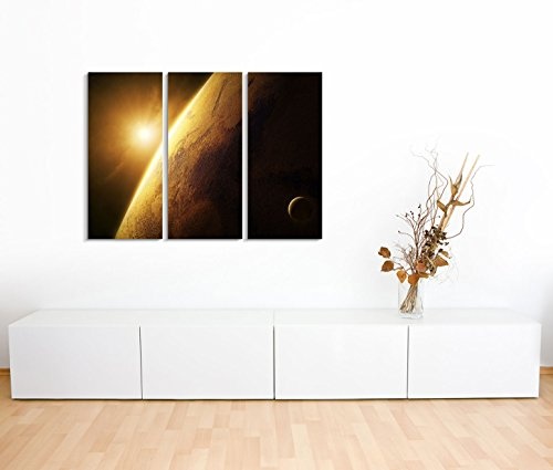3x40x90cm (Gesamt:130x90cm) 3teiliges Bild auf Leinwand Planet Mars Weltall Sonnenaufgang Wandbild auf Leinwand als Panorama