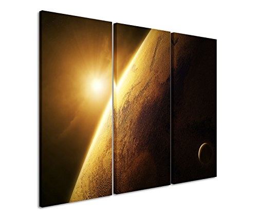3x40x90cm (Gesamt:130x90cm) 3teiliges Bild auf Leinwand Planet Mars Weltall Sonnenaufgang Wandbild auf Leinwand als Panorama