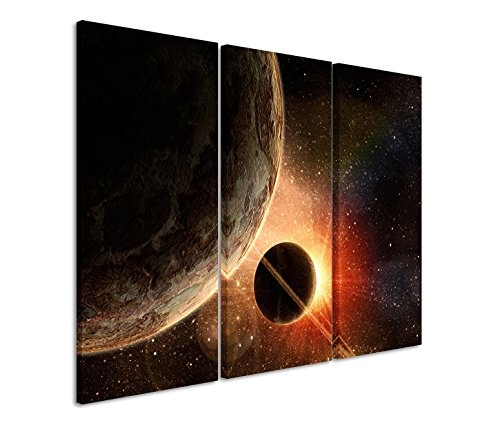 3x40x90cm (Gesamt:130x90cm) 3teiliges Bild auf Leinwand Weltall Planeten Sonnenaufgang Wandbild auf Leinwand als Panorama