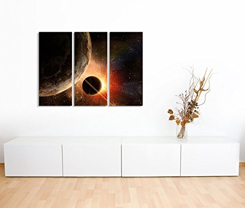 3x40x90cm (Gesamt:130x90cm) 3teiliges Bild auf Leinwand Weltall Planeten Sonnenaufgang Wandbild auf Leinwand als Panorama