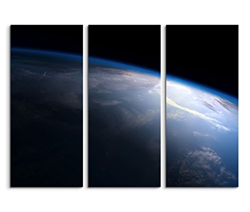 3x40x90cm (Gesamt:130x90cm) 3teiliges Bild auf Leinwand Planet Erde Weltall Draufsicht Wandbild auf Leinwand als Panorama