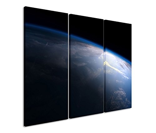 3x40x90cm (Gesamt:130x90cm) 3teiliges Bild auf Leinwand Planet Erde Weltall Draufsicht Wandbild auf Leinwand als Panorama