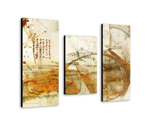 Sinfonie der Sinne - Wandbild 100x70cm 3-teiliges Keilrahmenbild (30x70+30x50+30x70cm) mit chinesischen Schriftzeichen abstraktes Wandbild mehrteiliger Kunstdruck im Gemälde-Stil - optisch wie handgemalt - glatte Oberfläche - Vintage