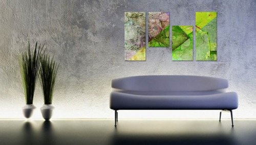 Augenblicke Wandbilder TRENDY - 130x70cm 4 teiliges Keilrahmenbild Farbenspiel lila grün (30x70+30x50+30x50+30x70cm) abstraktes Wandbild mehrteilig Gemälde-Stil handgemalte Optik Vintage