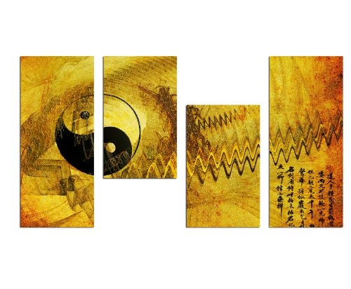 Energie Harmonie Yin Yan Wandbild 130x70cm 4 teiliges Keilrahmenbild (30x70+30x50+30x50+30x70cm) abstraktes Wandbild mehrteilig Kunstdruck im Gemälde-Stil - optisch wie handgemalt Vintage