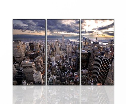 Schnäppchen Wandbild New York 3 teilig gesamt: 130x80cm (NY_Skyline_Panorama_3x40x80cm) Kunstdruck auf Rahmen mit Bilder Motiv (city new york stadt skyline Lichter Himmel blau gelb grau) . Schnäppchen, ideal als Geschenk für Familie & Freunde. Schöner woh