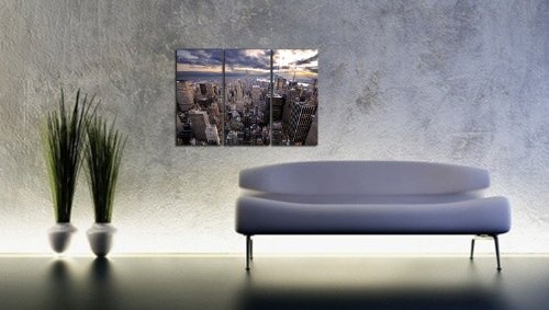 Schnäppchen Wandbild New York 3 teilig gesamt: 130x80cm (NY_Skyline_Panorama_3x40x80cm) Kunstdruck auf Rahmen mit Bilder Motiv (city new york stadt skyline Lichter Himmel blau gelb grau) . Schnäppchen, ideal als Geschenk für Familie & Freunde. Schöner woh