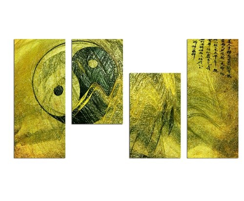 YIN YAN Feng shui Wandbild 130x70cm 4 teiliges Keilrahmenbild (30x70+30x50+30x50+30x70cm) abstraktes Wandbild mehrteilig Kunstdruck im Gemälde-Stil - optisch wie handgemalt Vintage