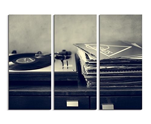 3 teiliges Bild Bilder gesamt 130x90cm Kunstbilder - Schallplattenspieler und Vinyl schwarz weiß