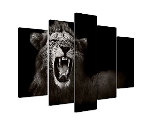 Bild Bilder 5 teilig gesamt 150x100cm Tierbilder - Brüllender afrikanischer Löwe schwarz weiß