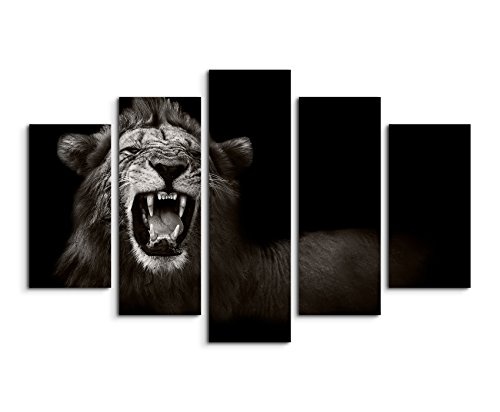 Bild Bilder 5 teilig gesamt 150x100cm Tierbilder - Brüllender afrikanischer Löwe schwarz weiß