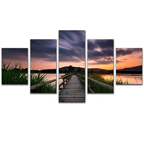 Fengfeng Leinwandbilder, Brückenbilder Leinwandbilder 5 Panels Modern Landscape Artwork Wandkunst für Wohnkultur, gestreckt und gerahmt (59W x32H),2,D