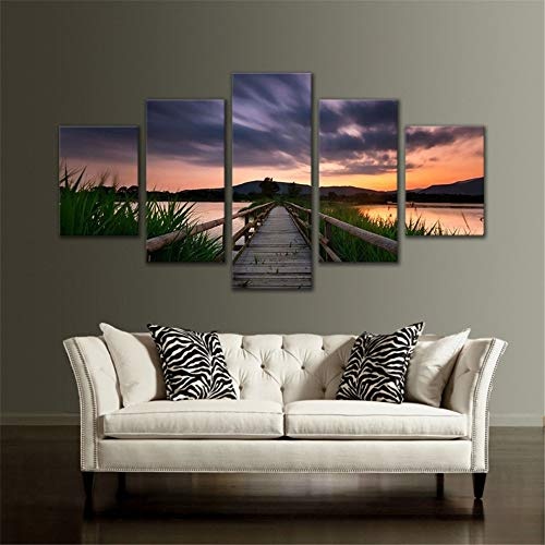 Fengfeng Leinwandbilder, Brückenbilder Leinwandbilder 5 Panels Modern Landscape Artwork Wandkunst für Wohnkultur, gestreckt und gerahmt (59W x32H),2,D