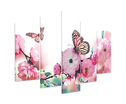Bild Bilder 5 teilig gesamt 150x100cm traumhaftes Natur Bild - Schmetterlinge an rosa Kirschblüten