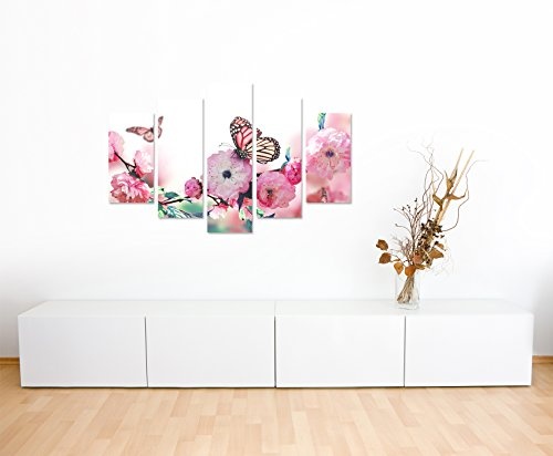 Bild Bilder 5 teilig gesamt 150x100cm traumhaftes Natur Bild - Schmetterlinge an rosa Kirschblüten