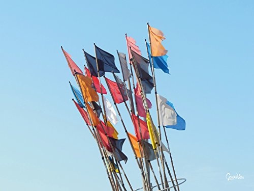 Wind Nordost - Bootswimpel - Exklusives Künstlermotiv, XXL Bild / Wandbild, Größe: 120 x 90 cm Quer-Format, Digital-Druck auf Acrylglas 5 mm. Frankreich Fahne Himmel bunt blau grün Bild groß Kunst