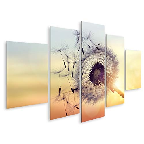 Bild Bilder auf Leinwand Löwenzahnsilhouette gegen den Sonnenuntergang mit Samen, die im Wind wehen. Wandbild Poster Leinwandbild Run