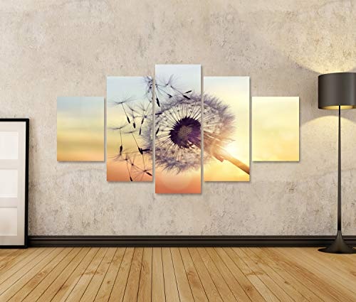 Bild Bilder auf Leinwand Löwenzahnsilhouette gegen den Sonnenuntergang mit Samen, die im Wind wehen. Wandbild Poster Leinwandbild Run