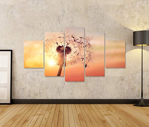 Bild Bilder auf Leinwand Löwenzahnsilhouette gegen den Sonnenuntergang mit Samen, die im Wind wehen. Wandbild Poster Leinwandbild RUO