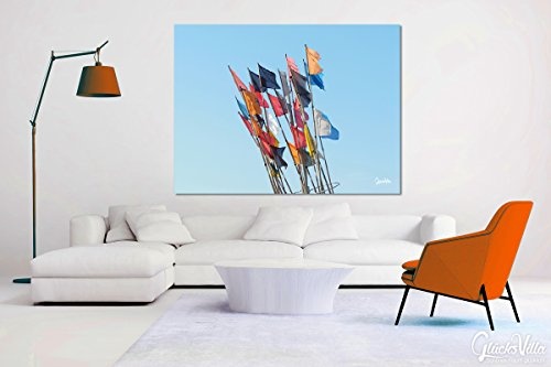 Wind Nordost - Exklusives Künstlermotiv, XXL Wandbild, Größe: 80 x 60 cm Quer-Format, Digital-Druck auf Art Canvas Leinwand, Keilrahmen 2 cm. Frankreich Fahne Himmel bunt blau grün Bild groß Kunst