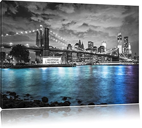 New York Skyline am Abend schwarz/weiß Format: 100x70 auf Leinwand, XXL riesige Bilder fertig gerahmt mit Keilrahmen, Kunstdruck auf Wandbild mit Rahmen, günstiger als Gemälde oder Ölbild, kein Poster oder Plakat