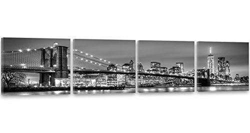 Feeby Frames Leinwandbild Bilder Wand Bild 4 Teile Panoramabild Wandbilder Kunstdruck 30x120 cm Brooklyn Bridge New York Stadt Wasser GEBÄUDE Wolkenkratzer Architektur Ansicht SCHWARZWEISS