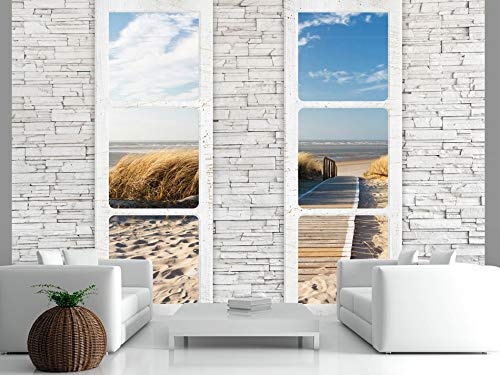 murando - Fototapete Fenster Meer 250x175 cm - Vlies Tapete - Moderne Wanddeko - Design Tapete - Wandtapete - Wand Dekoration - Meer Strand Sand Natur Fenster Steine Ziegel c-A-0066-a-d