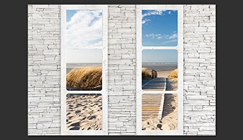 murando - Fototapete Fenster Meer 250x175 cm - Vlies Tapete - Moderne Wanddeko - Design Tapete - Wandtapete - Wand Dekoration - Meer Strand Sand Natur Fenster Steine Ziegel c-A-0066-a-d