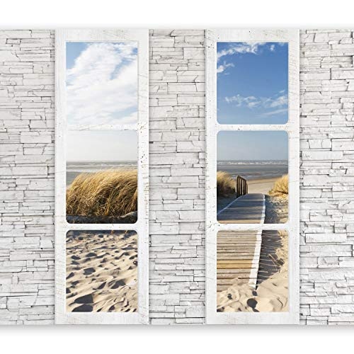 murando - Fototapete Fenster Meer 250x175 cm - Vlies Tapete - Moderne Wanddeko - Design Tapete - Wandtapete - Wand Dekoration - Meer Strand Sand Natur Fenster Steine Ziegel c-A-0066-a-d