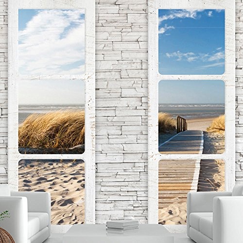 murando - Fototapete Fenster Meer 250x175 cm - Vlies Tapete - Moderne Wanddeko - Design Tapete - Wandtapete - Wand Dekoration - Meer Strand Sand Natur Fenster Steine Ziegel c-A-0066-a-d