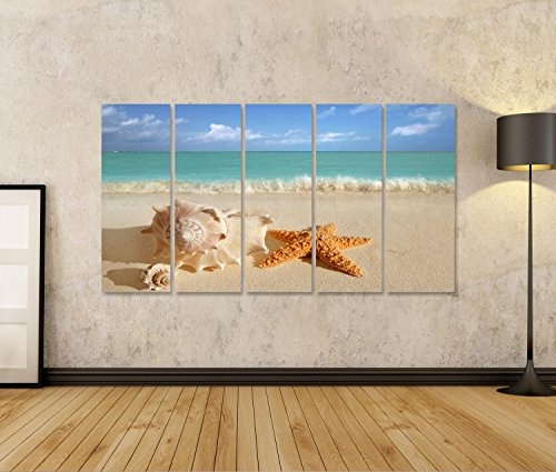islandburner Bild auf Leinwand Muscheln Starfish auf tropischen Sand türkis Karibik Sommer Urlaub Reise-Symbol Wandbild, Poster, Leinwandbild FFM