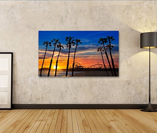 islandburner Bild auf Leinwand Santa Monica Kalifornien Sonnenuntergang am Pier Fähren Rad und Reflexion am Strand nassen Sand Wandbild, Poster, Leinwandbild FQX