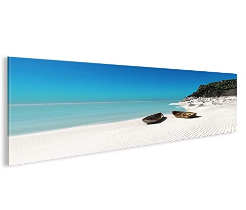 islandburner Bild Bilder auf Leinwand Zwei Boote am Strand Seychellen Weisser Sand Panorama XXL Poster Leinwandbild Wandbild Dekoartikel Wohnzimmer Marke