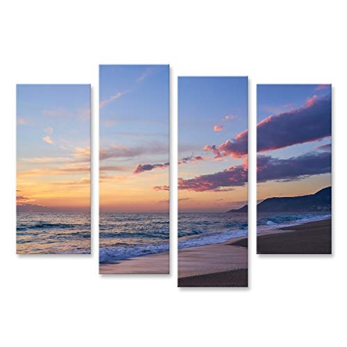 Bild Bilder auf Leinwand Bunter Sonnenuntergang an den tropischen Sandstrandwellen mit schäumendem, aufschlagendem Sand Kopierraum Wandbild Poster Leinwandbild SDP