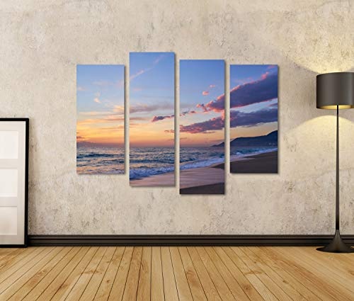 Bild Bilder auf Leinwand Bunter Sonnenuntergang an den tropischen Sandstrandwellen mit schäumendem, aufschlagendem Sand Kopierraum Wandbild Poster Leinwandbild SDP
