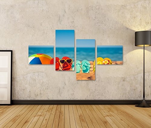 Bild Bilder auf Leinwand Flip-Flops, Strandball und Schnorcheln im Sand. Sommerferien-Konzept Wandbild, Poster, Leinwandbild KPT