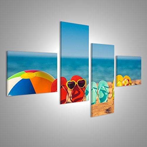 Bild Bilder auf Leinwand Flip-Flops, Strandball und Schnorcheln im Sand. Sommerferien-Konzept Wandbild, Poster, Leinwandbild KPT