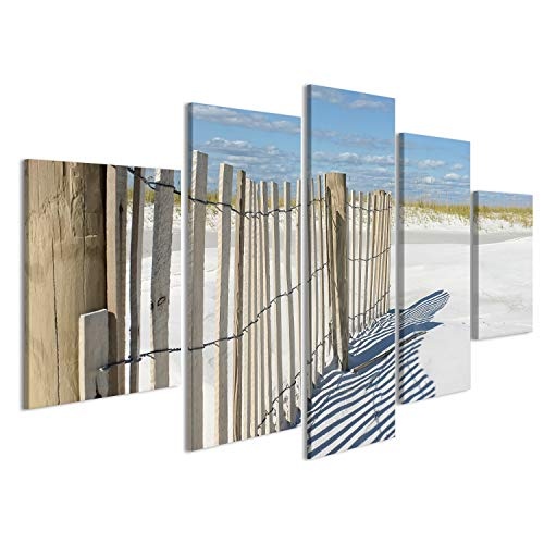 islandburner Bild Bilder auf Leinwand Schöner Tag am Strand mit weißem Sand, Sandzaun und Meer Hafer gegen einen blauen Himmel. Wandbild, Poster, Leinwandbild ECO