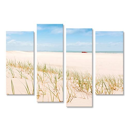 islandburner Bild Bilder auf Leinwand Strandansichten mit Sand und Gräsern mit Einem roten 4wd im Hintergrund Wandbild, Poster, Leinwandbild EHM