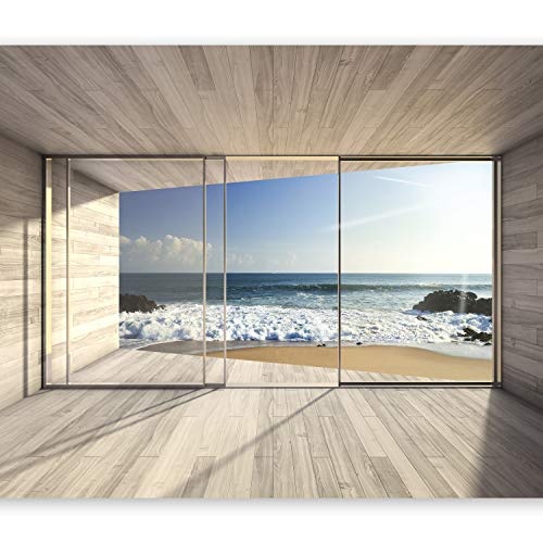 murando - Fototapete Meer Fenster 300x210 cm - Vlies Tapete - Moderne Wanddeko - Design Tapete - Wandtapete - Wand Dekoration - Meer See Natur Landschaft Fenster 3D Holz c-A-0084-a-b