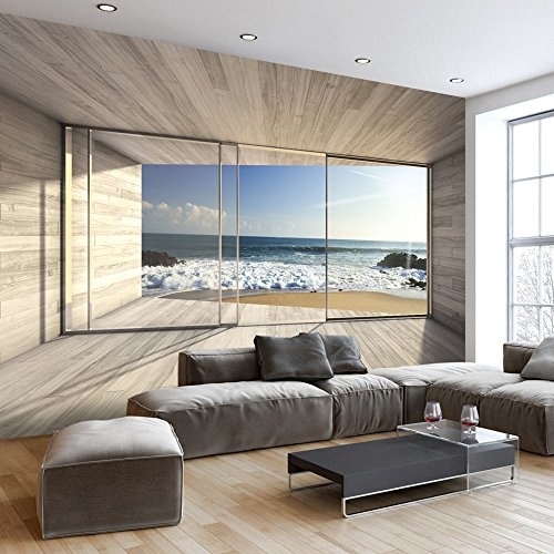 murando - Fototapete Meer Fenster 300x210 cm - Vlies Tapete - Moderne Wanddeko - Design Tapete - Wandtapete - Wand Dekoration - Meer See Natur Landschaft Fenster 3D Holz c-A-0084-a-b