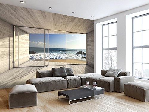 murando - Fototapete Meer Fenster 300x210 cm - Vlies Tapete - Moderne Wanddeko - Design Tapete - Wandtapete - Wand Dekoration - Meer See Natur Landschaft Fenster 3D Holz c-A-0084-a-b