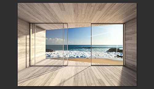 murando - Fototapete Meer Fenster 300x210 cm - Vlies Tapete - Moderne Wanddeko - Design Tapete - Wandtapete - Wand Dekoration - Meer See Natur Landschaft Fenster 3D Holz c-A-0084-a-b