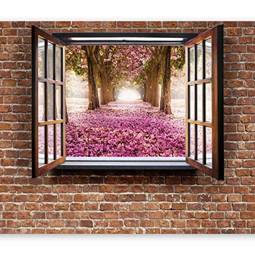 murando - Fototapete 100x70 cm - Vlies Tapete - Moderne Wanddeko - Design Tapete - Wandtapete - Wand Dekoration - Wand Natur Fenster Blumen Park Blumenweg Bäume c-A-0040-a-b