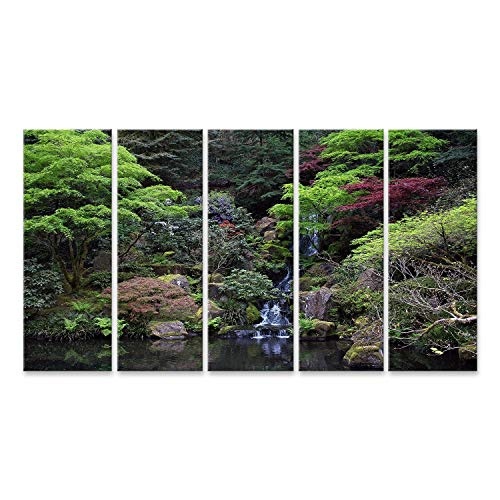 Bild auf Leinwand Japanischer Garten in Portland, Oregon Wandbild Leinwandbild Kunstdruck Poster 170x80cm - 5 Teile XXL