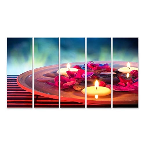 islandburner, Bild auf Leinwand Geschirrbad mit schwimmenden Kerzen, Orchidee, im Garten Wandbild Leinwandbild Kunstdruck Poster 170x80cm - 5 Teile XXL