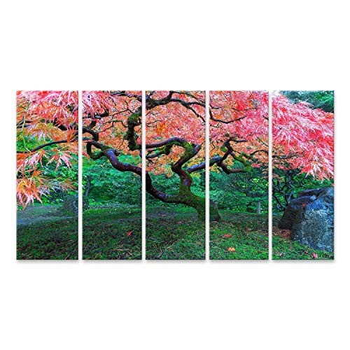 Bild auf Leinwand Alter Roter Spitzenblatt-Ahornbaum im Japanischen Garten in Portland Oregon im Herbst Wandbild Leinwandbild Kunstdruck Poster 170x80cm - 5 Teile XXL