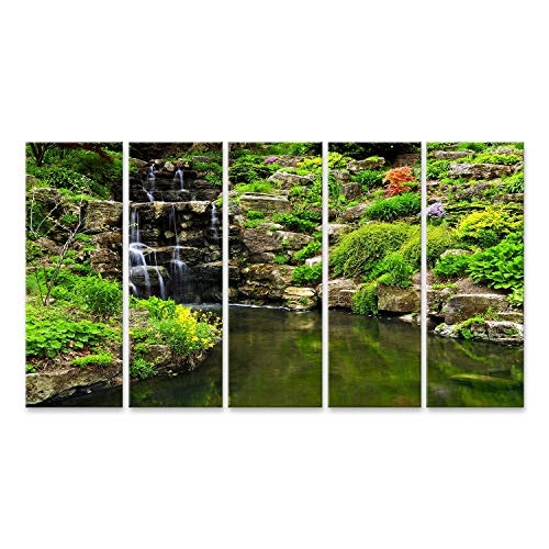 islandburner, Bild auf Leinwand Kaskadierender Wasserfall und Teich im japanischen Garten Wandbild Leinwandbild Kunstdruck Poster 170x80cm - 5 Teile XXL