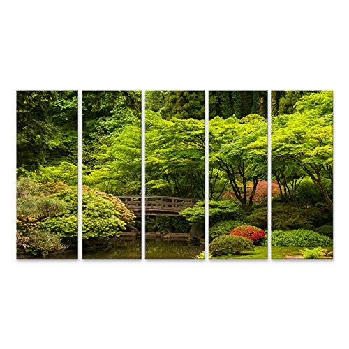 islandburner, Bild auf Leinwand Holzbrücke über einen Teich in Einem japanischen Garten Wandbild Leinwandbild Kunstdruck Poster 170x80cm - 5 Teile XXL